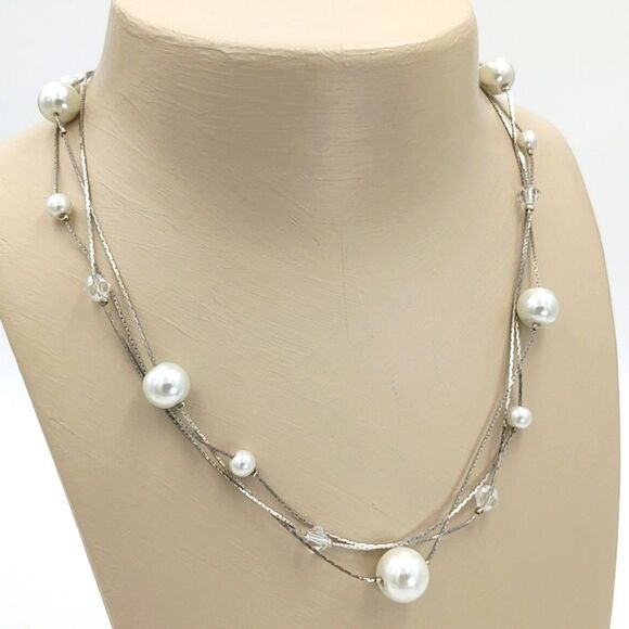 Faux Pearl & Crystal 3 Strand Necklace - Picture 1 of 6